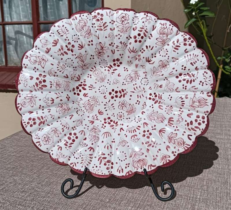 Striking Hand Crafted Maroon Floral Display Plate with Flower Shaped Scalloped Rim