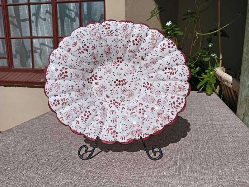 Striking Hand Crafted Maroon Floral Display Plate with Flower Shaped Scalloped Rim