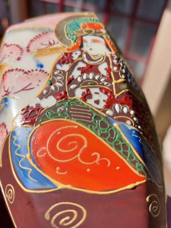 Vintage Japanese Moriage (Raised Enamel) Goddess Kannon Hexagonal (6-Sided) Shaped Vase