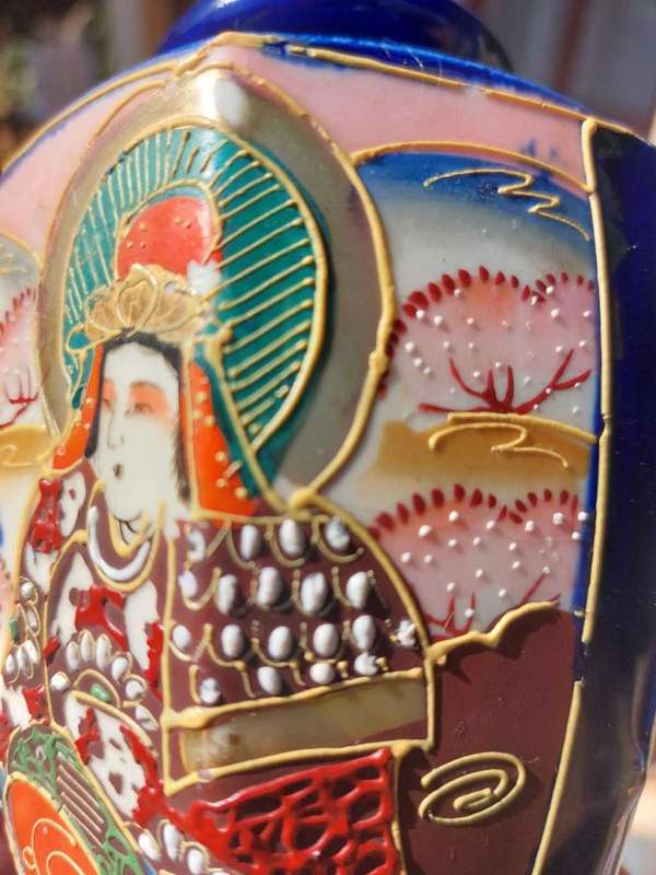 Vintage Japanese Moriage (Raised Enamel) Goddess Kannon Hexagonal (6-Sided) Shaped Vase