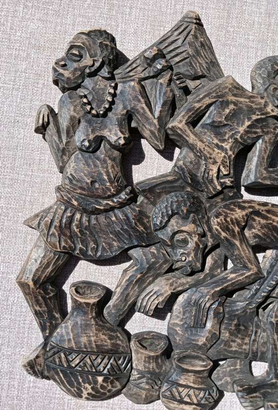 African Wood Carving Cutout Panel Signed by Artist Kioni ONE OF TWO