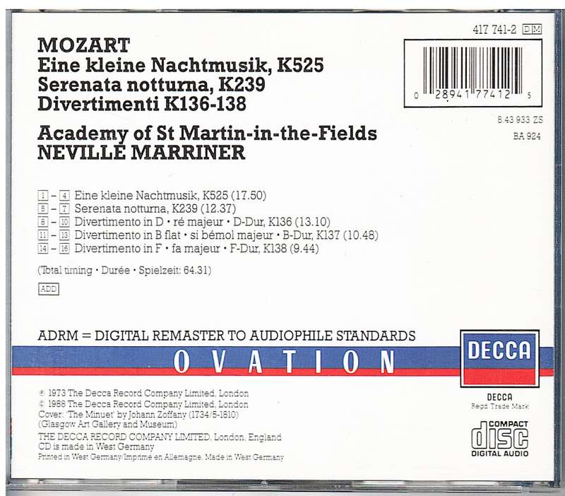 Mozart - Eine Kleine Nachtmusik, K525/K239/136-8 CD