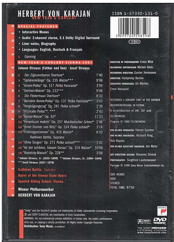Herbert von Karajan & Wiener Philharmoniker - New Year`s Concert Vienna 1987 DVD