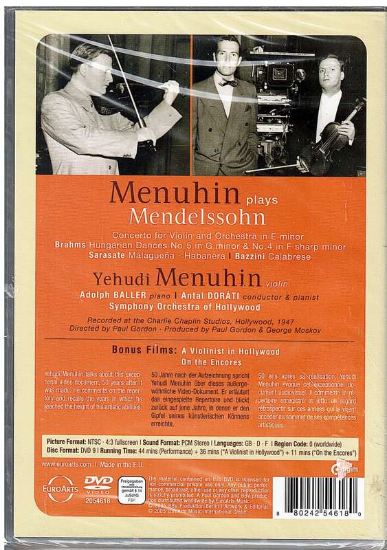 Yehudi Menuhin Plays Mendelssohn: Violin Concerto DVD