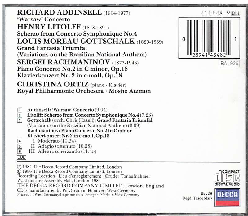 Cristina Ortiz - Addinsell/Rachmaninov/Litolff CD (with Royal Philharmonic, Moshe Atzmon - Cond.)