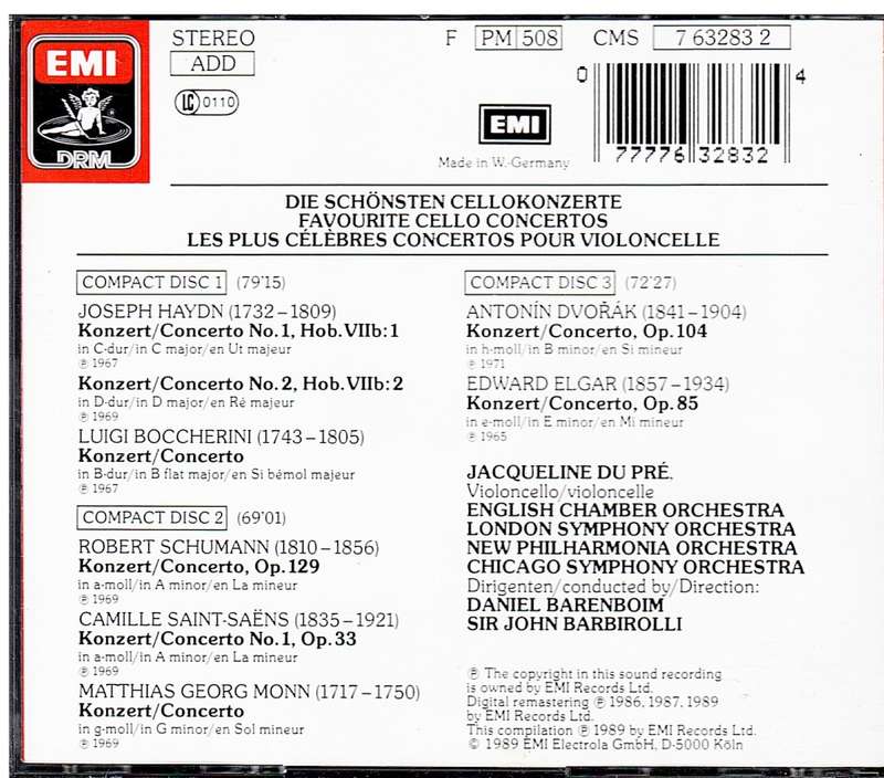 Jacqueline du Pre - Favourite Cello Concertos 3 CD Set