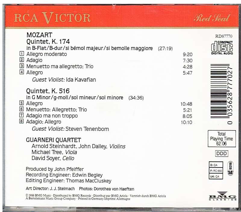 Guarneri Quartet - Mozart Complete Viola Quintets (K 174/K 516) CD