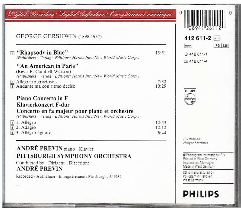 Gershwin - Rhapsody in Blue, Piano Concerto in F, An American in Paris (Pittsburgh SO Andre Previn c