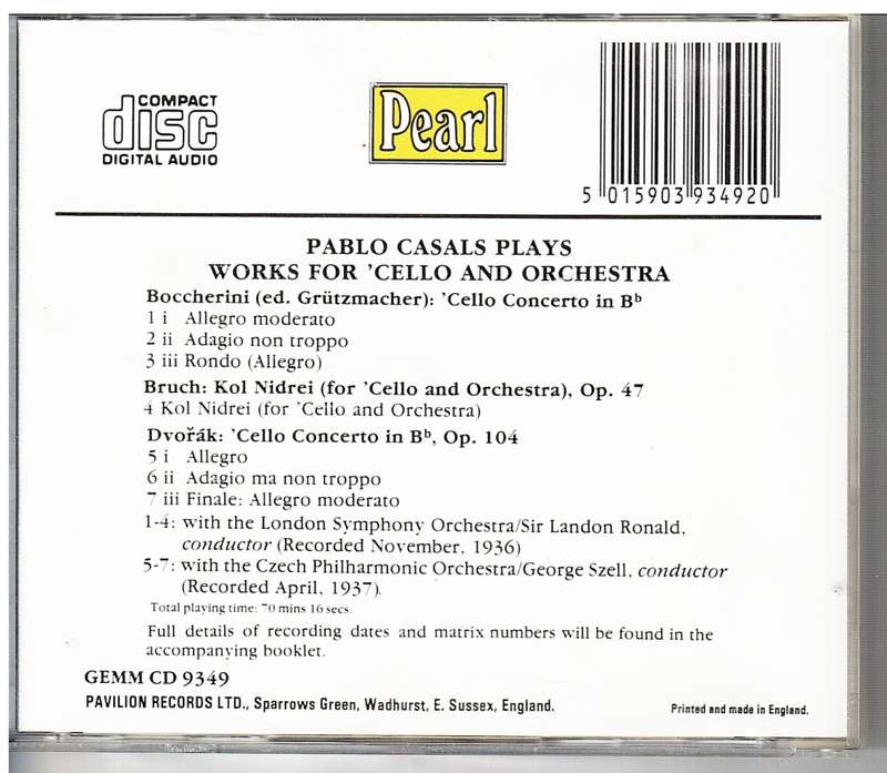 Pablo Casals Plays Works for Cello and Orchestra (Bocherini/Bruch/Dvorak) CD