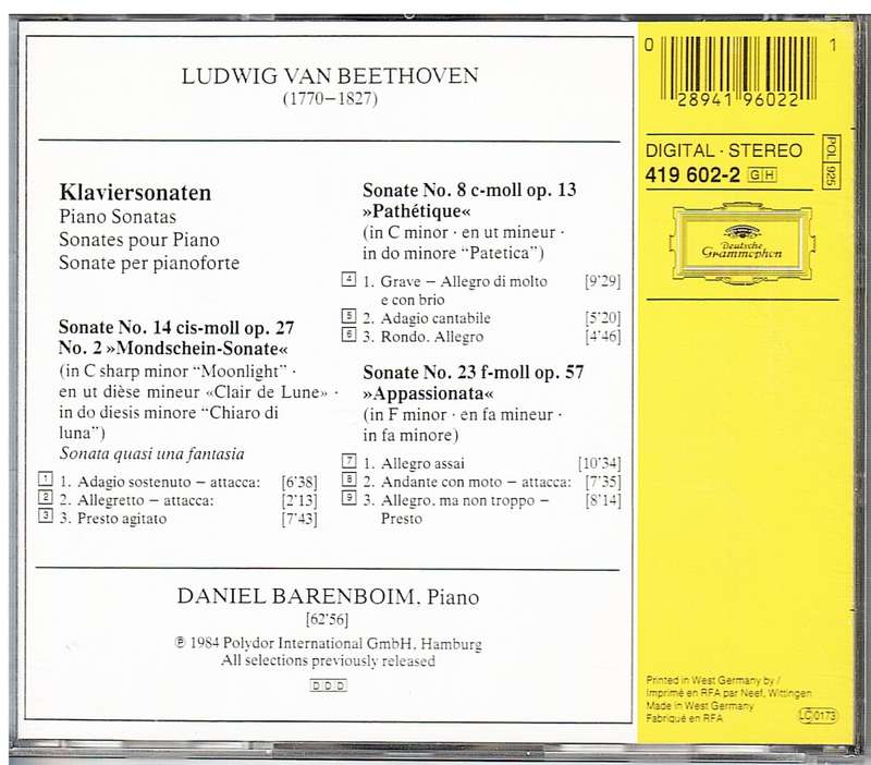 Beethoven: Sonaten - Daniel Barenboim (Moonlight/Claire de Lune/Pathetique/Appasionata) [IMPORT]