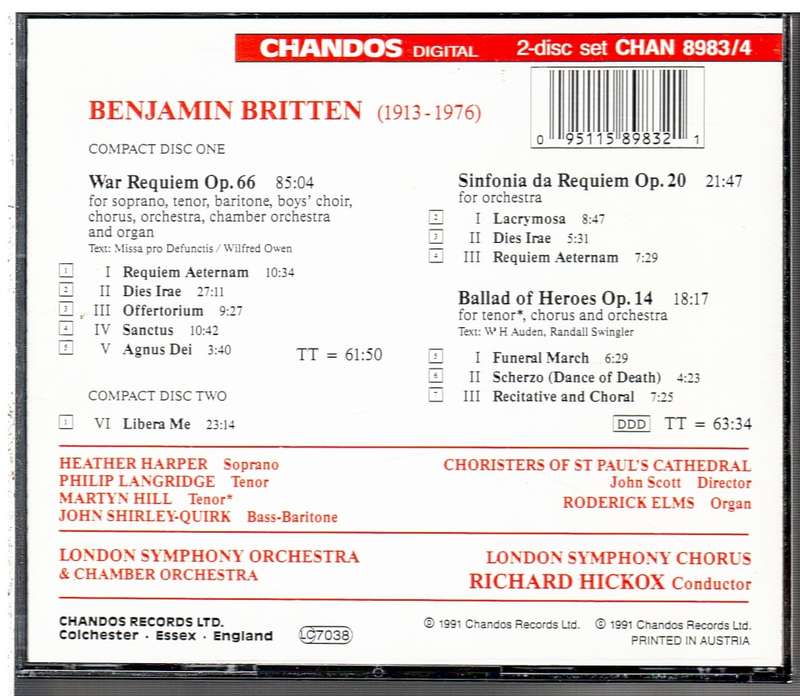 Britten: War Requiem/Sinfonia da Requiem/Ballad of Heroes 2 CD set - London Symphony, Hickox cond.