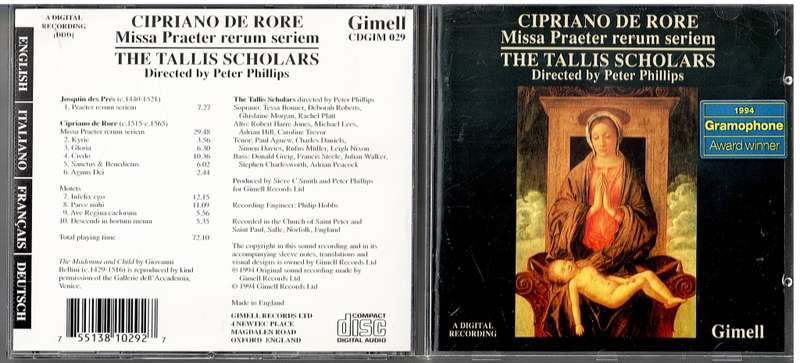 The Tallis Scholars -Cipriano de Rore: Missa Praeter Rerum Seriem CD, Peter Phillips dir.
