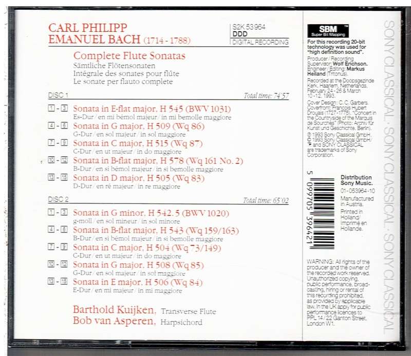 CPE Bach: Complete Flute Sonatas - Barthold Kuiken (Flute) / Bob van Asperen (Harpsichord) 2 CD set