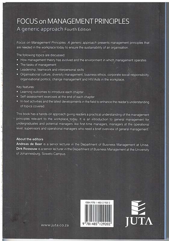 Focus on Management Principles: A Generic Approach (4th Edition) - Andreas de Beer and Dirk Rossouw