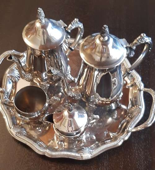 teaset silver plated teapot, coffee pot, sugar bowl and milk jug