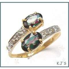 ***MONEY BACK GUARANTEE***10KT YELLOW GOLD 2 STONES MYSTIC TOPAZ & DIAMOND RING SIZE:7