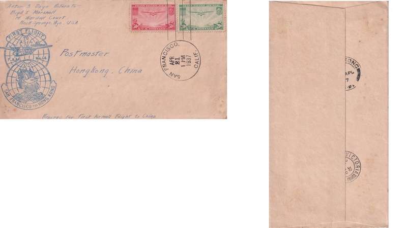 First Air Mail San Francisco, China, Hong Kong.