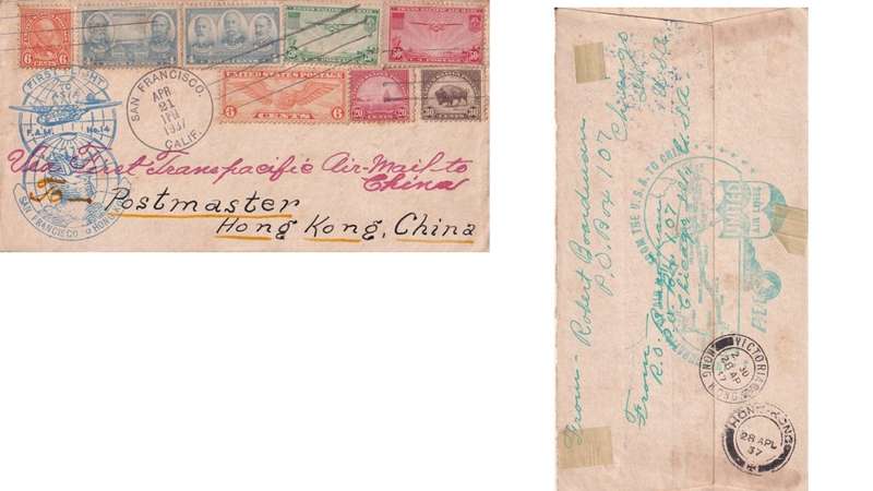 First Air Mail San Francisco, Hong Kong, China.