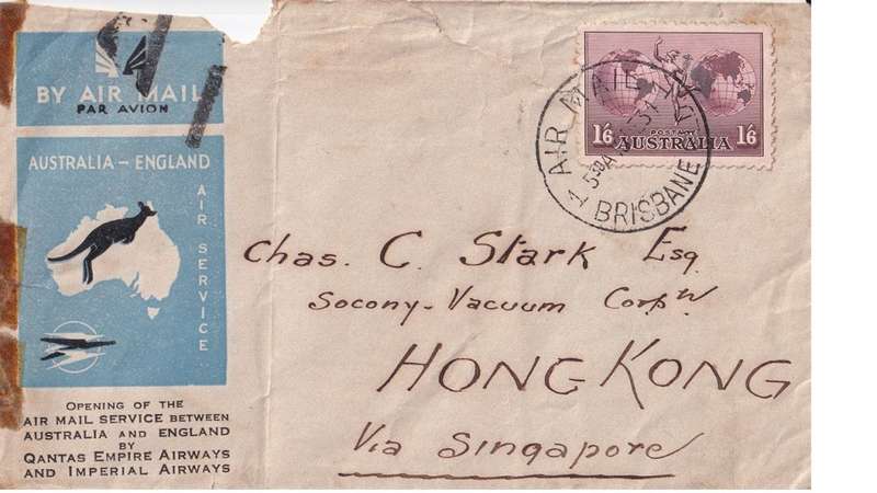 Air Mail Brisbaine Australia, Hong Kong, via Singapore.