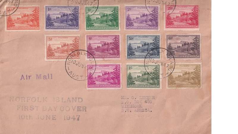 First Day Cover, Norfolk Island, Engeland, Windhoek.