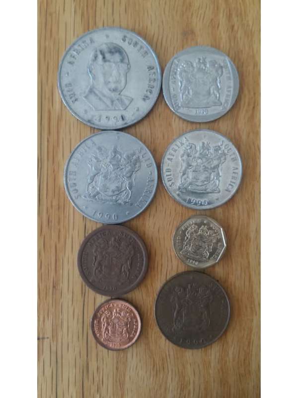 1990 Coat of Arms and PW Botha, bronze, nickle, copper plated coins. 1c.2c.5c.10c.20c.50c.R1.R2