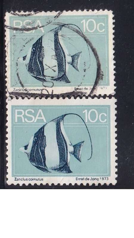 1974 South Africa 10c Blue, Light Blue Moorish Fish. R15 per single stamp.