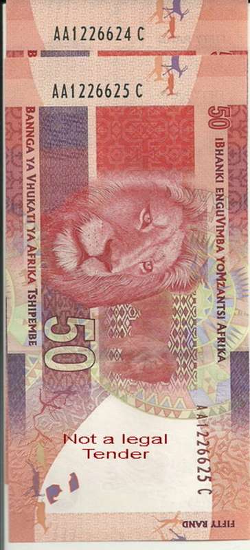 Two Uncirculated R50 new Mandela AA in sequence