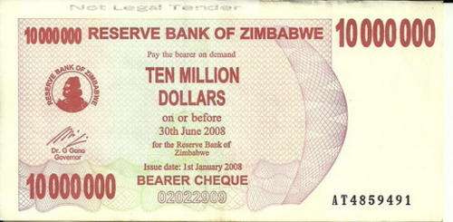 Zimbabwe 10 000 Million Dollar Issued 1st January 2008 VF