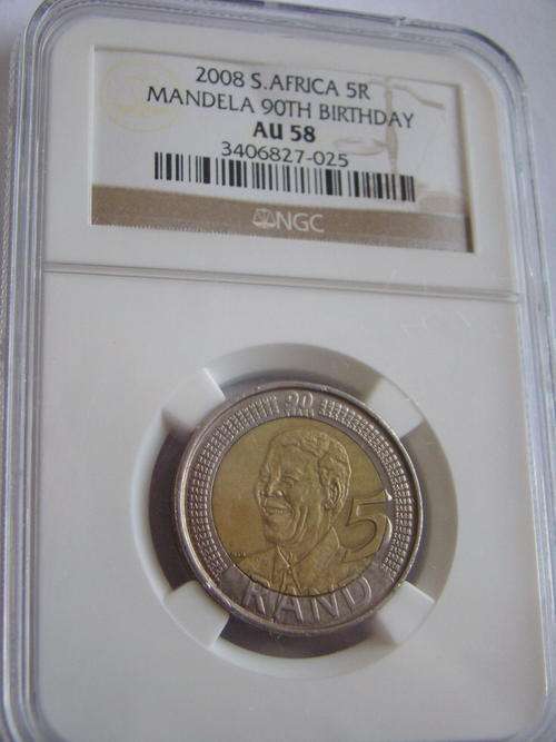 CRAZY LOW START:STUNNING NGC Graded Mandela 2008 AU58 R5 Coin