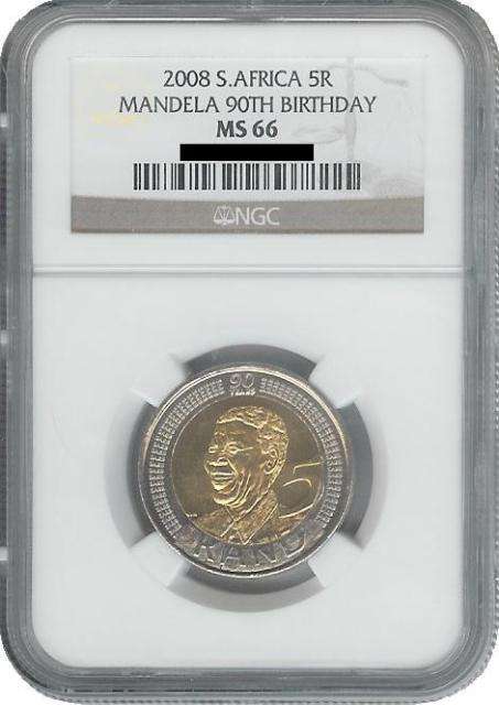 2 x MS66 NGC GRADED - MANDELA 90TH BIRTHDAY R5 COIN - 2008