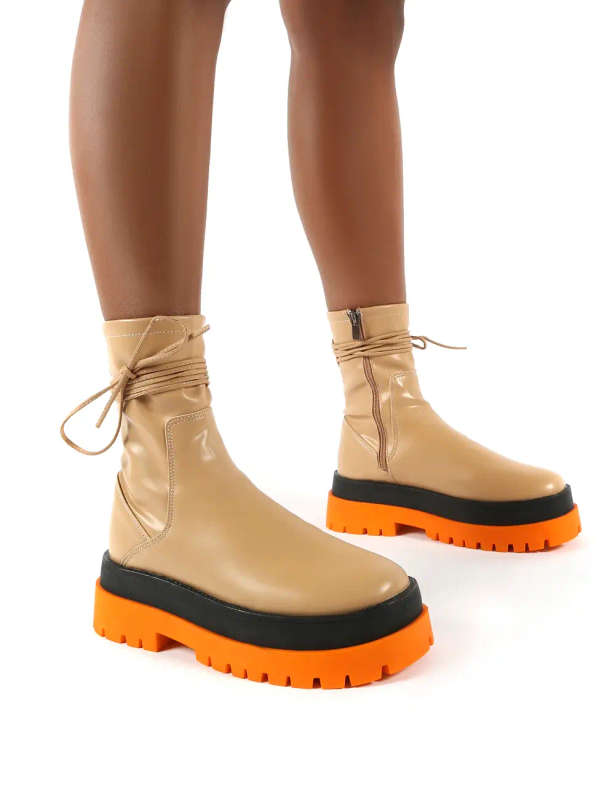 public desire FINALE CAMEL PU MULTI CHUNKY SOLE ANKLE WRAP BOOTS uk6