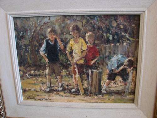 Christiaan Nice original oil  "boys playing cricket" 23 X 30 cm (size excludes frame)