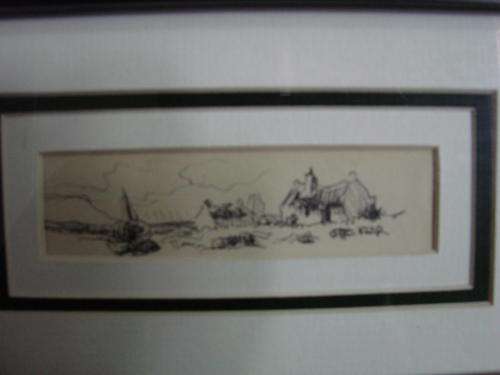 Otto Klar "arniston houses with boat" pen on paper 3 X 10 cm (size excludes frame)