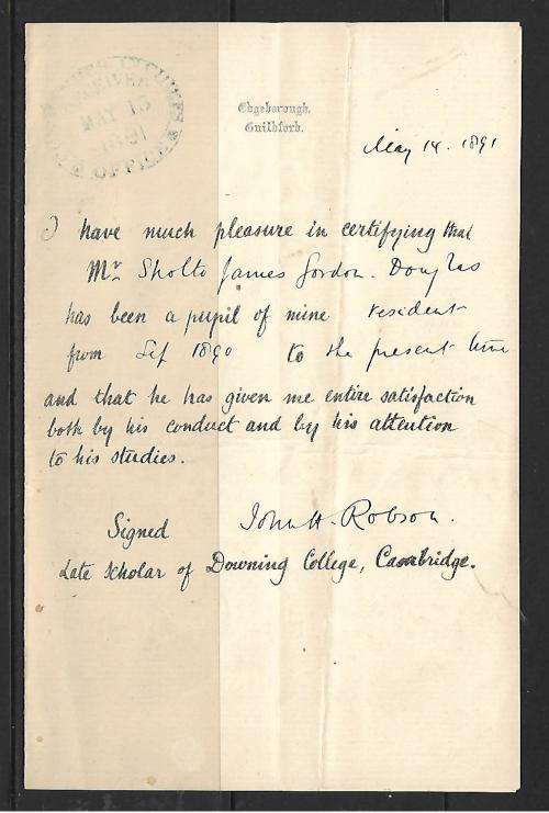 Vintage British Document May 1891 - letter of recommendation - excellent condition