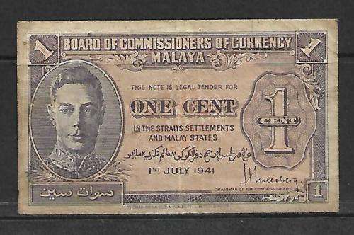 Malayan 1 cent - 1941 - Portrait of King George - writing on back - interesting item