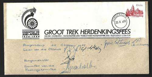 Republicof SA-FDC-`Die Groot Trek Herdenkingsfees`1988- Variety-Signed at Burgersdorp + programme