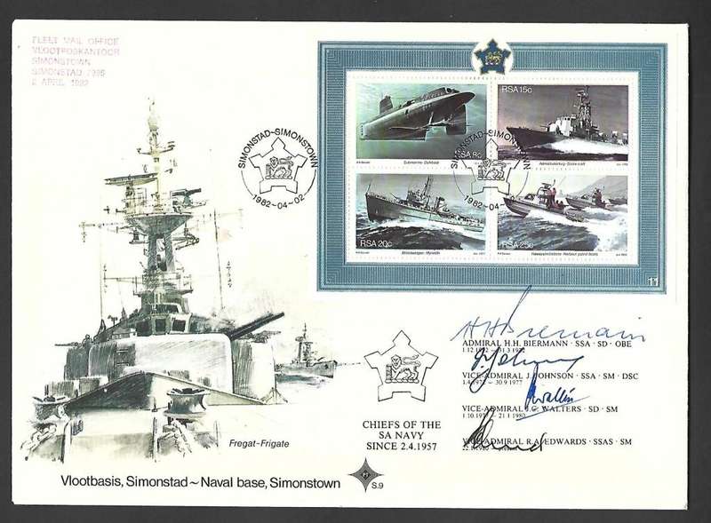 RSA FDC S9- Simonstown Naval Base - Variety - Signed Admiral Biermann and 3 Vice-Admirals