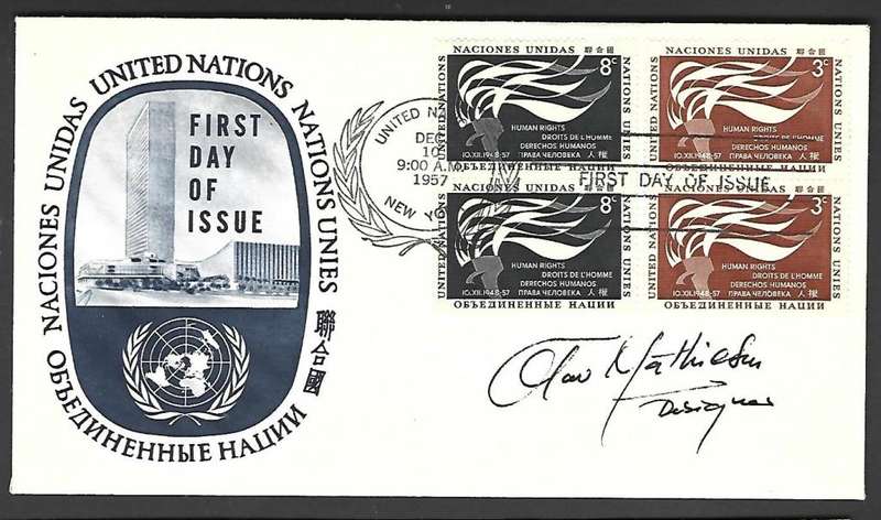 United Nations FDC -Human Rights - Variety - Signed by designer of stamps