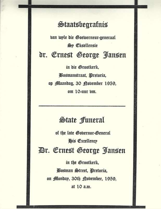 Union - Original State Funeral Program of His Excellence Dr Ernest Jansen- See description.