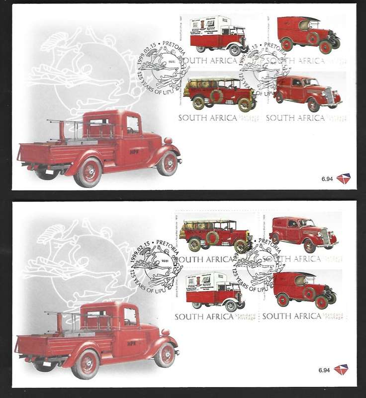 RSA - FDC 6.94- Anniversary of U.P.U. - Variety - different sequence of stamps - both incl