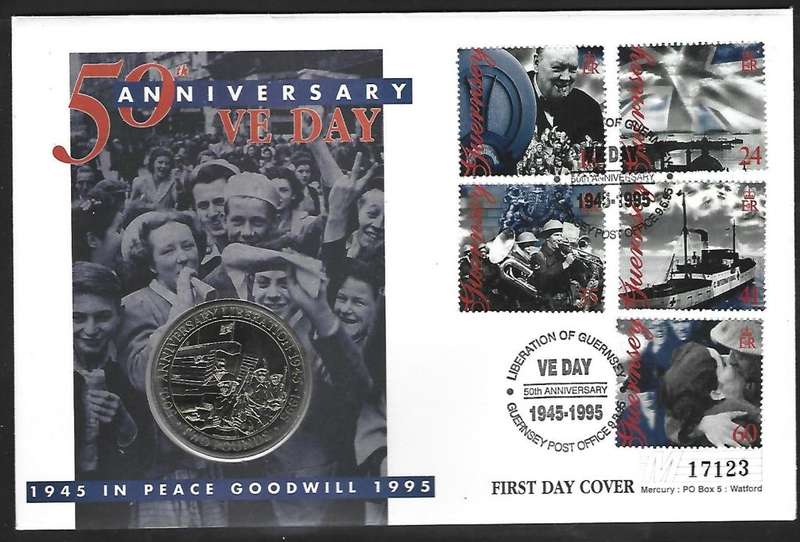 GB  1995 50th Anniversary VE Day 2 Pounds Coin Cover - Guernsey First Day Cover