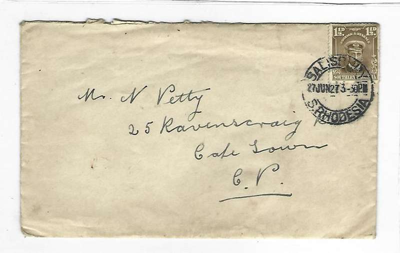 Southern Rhodesia  Envelope: Cancelled 27 June 1927 with 1 1/2d King George V stamp tied.