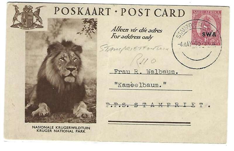 SWA - Postcard Kruger National Park - Cancelled at `Stamprietfontein` on 04/05/45