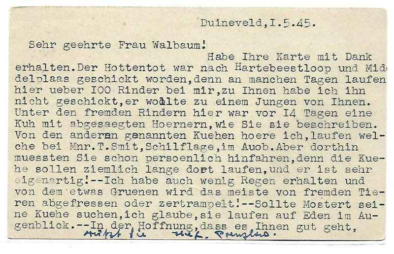 SWA - Postcard Kruger National Park - Cancelled at `Stamprietfontein` on 04/05/45