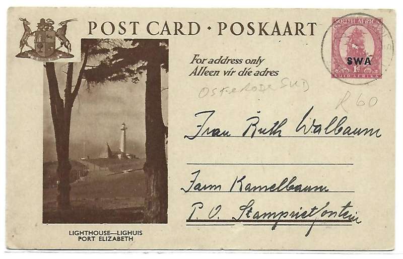 SWA - Postcard Lighthouse PE - Cancelled at `Osterode Sud` - Variety - see Catholic Mission cashet