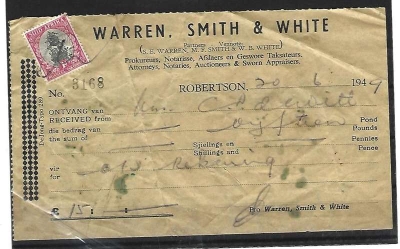 Union of SA - Attorneys receipt dated 20/06/1949 - with hyphenated ship stamp as cancellation.