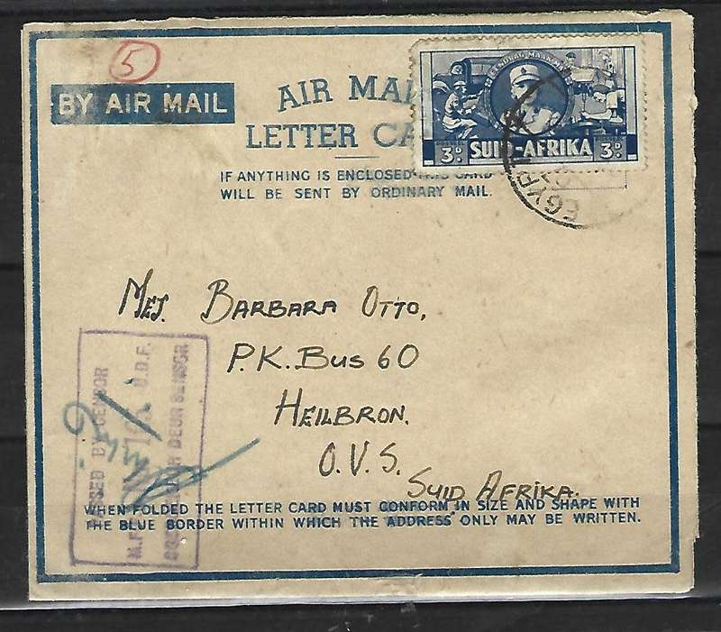 Union of SA - Airmail letter send from Egypt to Heilbron with censor cachet.