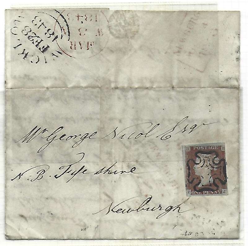 Great Britain - Penny red - Stamps and complete letter - Black Maltese Cross Cancelled