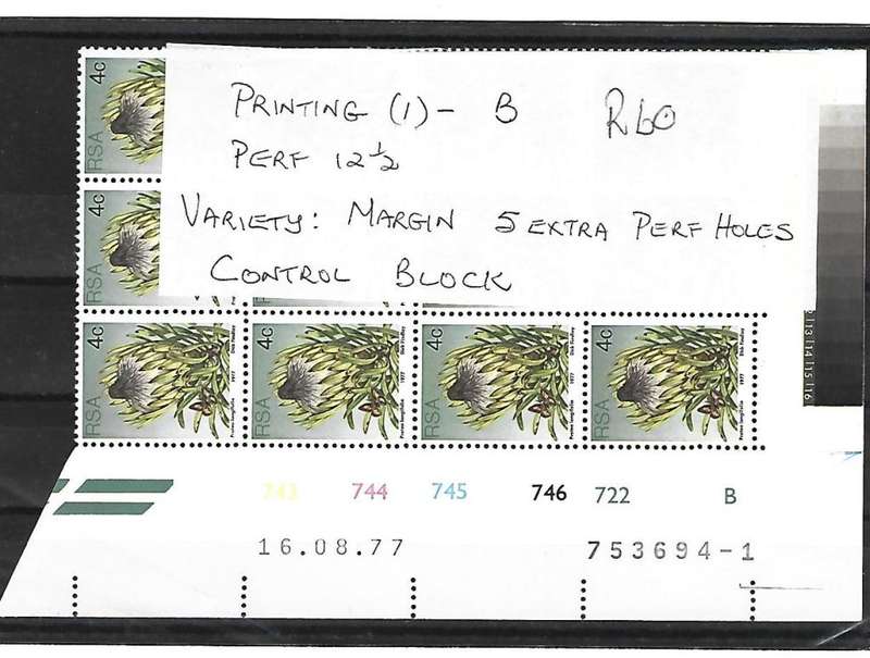 RSA SACC 421 - 4c Protea series- Variety- Extra perf holes in side margin