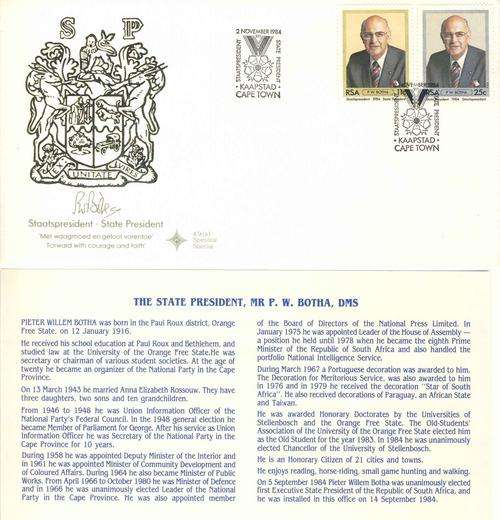 South Africa FDC 4.9 SP- State President PW Botha